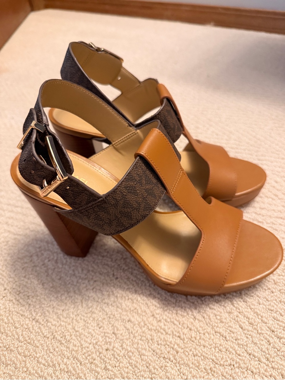 NWOT: Michael Kors Tan Leather & Brown Signature-Print Block Heel Sandals